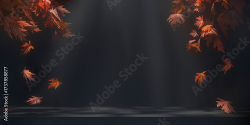 Halloween background with autumn leaves falling on dark table with spotlight. Black Friday sale for product display mockup. 3d render