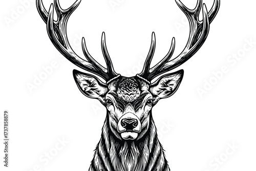 Vector art of a detailed black and white portrait of a majestic deer with large antlers, showcasing its intricate fur and noble gaze