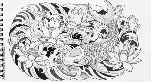 Elegant koi fish illustration amidst lotus flowers and stylized waves artwork concept