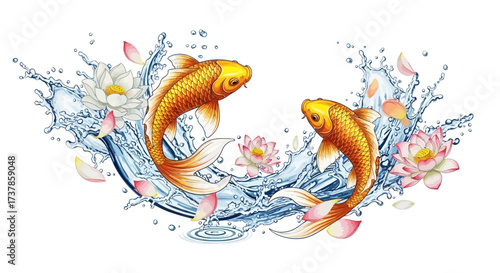 Graceful golden koi fish amidst splashing water and blooming lotus flowers artwork