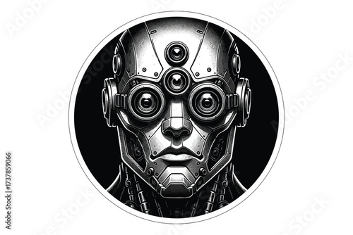 Vector art of a futuristic robot head with multiple eyes and intricate metal detailing, conveying a sense of advanced technology and artificial intelligence