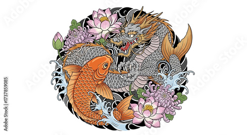 Traditional Japanese tattoo style with koi fish, dragon and lotus flowers illustration