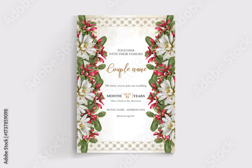 WEDDING INVITATION FRAME WITH FLOWER DECORATIONS AND FRESH LEAVES