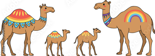 PrintColorful camel family illustration, cute desert animals with decorative patterns, cartoon camels with rainbow design, traditional cultural artwork, fantasy wildlife drawing