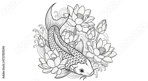 Intricate monochrome illustration of a koi fish surrounded by blooming lotus flowers and gentle