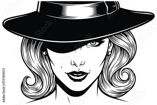 Vector art of a mysterious woman with a widebrimmed hat, her face partially shadowed, creating an aura of intrigue and elegance