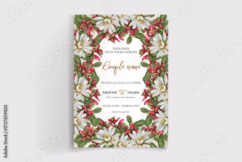 WEDDING INVITATION FRAME WITH FLOWER DECORATIONS AND FRESH LEAVES