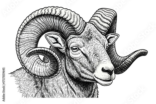 Vector art of detailed black and white illustration of a bighorn sheep head, showcasing its majestic horns and intricate fur texture in a vintage engraving style
