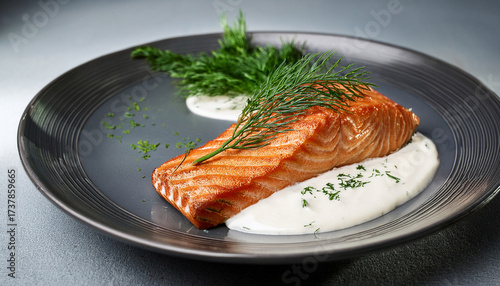 A Piece Of Cooked Salmon Fish Filet Steak With Sour Cream Bechamel Sauce And Fresh Green Dill Close Up