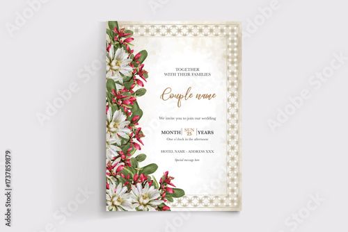 WEDDING INVITATION FRAME WITH FLOWER DECORATIONS AND FRESH LEAVES