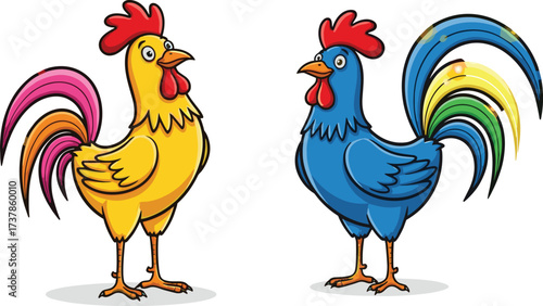 Colorful cartoon roosters, vibrant farm animals, animated poultry illustration, children’s book style, expressive birds, multicolored feathers, fun chicken characters