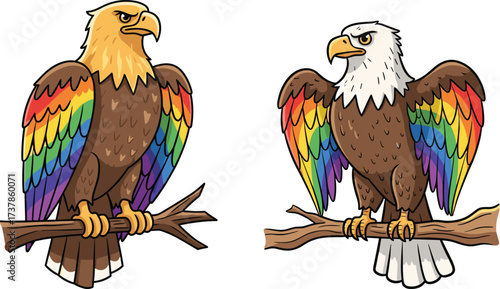 PrintColorful eagle illustration perched on tree branch, majestic rainbow feather bird of prey, wildlife cartoon artwork, fantasy raptor drawing design
