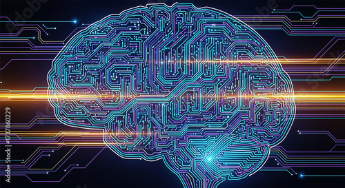 Vector of a Digital Circuit Brain Illustration with Neon Lines and Tech Style