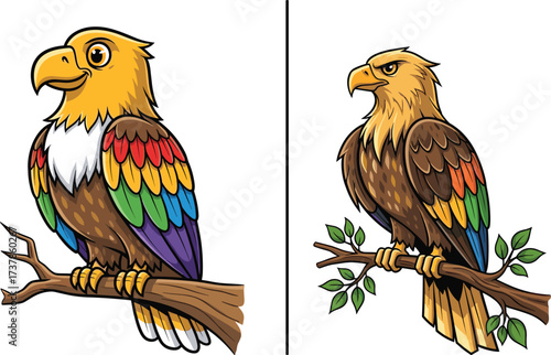 PrintColorful eagles perched on tree branches, cartoon bird artwork, majestic raptor drawing, tropical wildlife illustration, fantasy eagle character design art