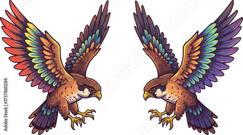 PrintColorful falcon bird illustration with detailed feathers, flying predator artwork, majestic hawk design, wild raptor drawing, cartoon eagle wings spread
