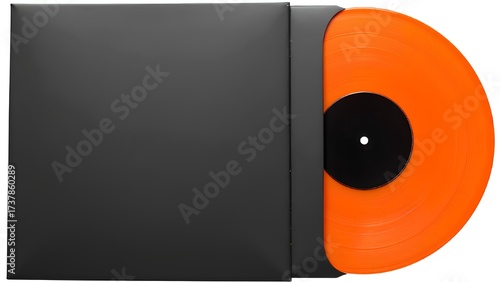 A vibrant orange vinyl record is partially visible inside a plain black sleeve, isolated on a white background. Modern music mockup.