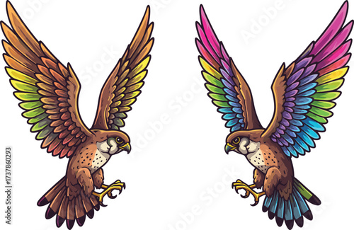 PrintColorful falcon bird illustration with rainbow wings, flying raptor artwork, majestic hawk drawing, predator bird design, detailed feathers, wildlife art