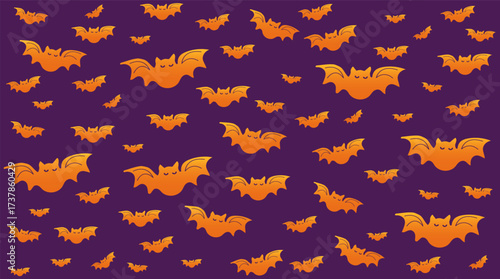 Orange halloween bats on purple background. Hand drawn vector pattern artwork for backgrounds textile fabric design