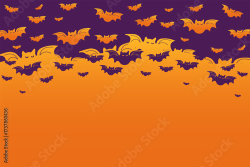 Halloween banner, horizontal large background with bats on orange. Vector illustration of a template for text with a swarm of bats on an orange sky. Pattern