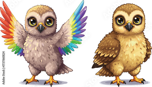 PrintCute cartoon baby owls with big eyes, colorful rainbow wings, adorable bird illustration, wildlife fantasy art, funny character design for kids