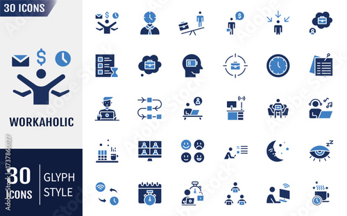 Workaholic Flat Icons set. Containing hobby, meditation, spa, and more. Vector illustration