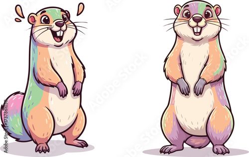 PrintCute cartoon groundhog illustration, colorful marmot character design, funny standing rodent artwork, wildlife animal vector, adorable squirrel style, happy expression drawing