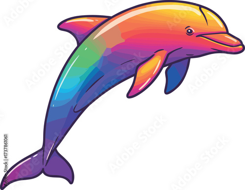 Colorful dolphin illustration, vibrant aquatic animal, rainbow gradient marine life, cartoon sea creature, multicolored ocean wildlife, playful underwater design, glossy finish