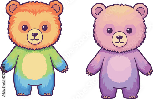 Colorful cartoon teddy bears, gradient fur, cute plush toys, children illustration, vibrant characters, playful design, adorable animals, nursery art