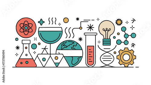 A flat design illustration of scientific and technological elements arranged in a horizontal layout against a white background 
