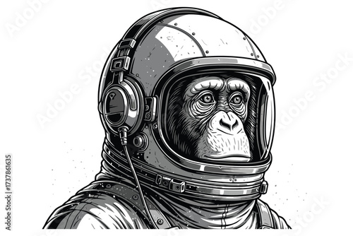 Vector art of a striking grayscale illustration featuring a chimpanzee in an astronaut helmet, , merging the realms of wildlife and space exploration with intricate detail