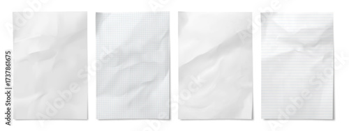 Wrinkle crumbled folded paper sheets. Wrinkled blank, grid and lined pages for planning, brainstorming, note taking or educational projects, creativity and drafts. Realistic 3d vector paper templates