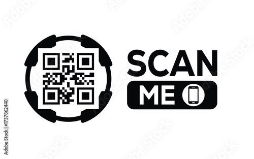 Minimalist black and white QR code icon with 'Scan Me' text on a clean background. Modern design for digital marketing, mobile app, and contactless interaction promotions.