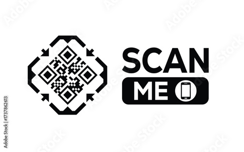 Minimalist black and white QR code icon with 'Scan Me' text on a clean background. Modern design for digital marketing, mobile app, and contactless interaction promotions.