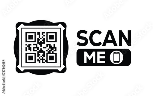 Minimalist black and white QR code icon with 'Scan Me' text on a clean background. Modern design for digital marketing, mobile app, and contactless interaction promotions.