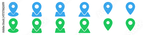 Set of location icon, map pin icons in outline, blue, and green styles. for maps, GPS, navigation apps, location markers, address indications, and geolocation interfaces