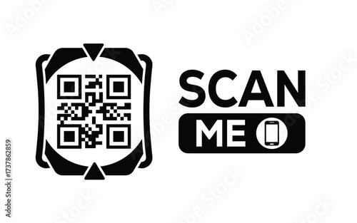 Minimalist black and white QR code icon with 'Scan Me' text on a clean background. Modern design for digital marketing, mobile app, and contactless interaction promotions.
