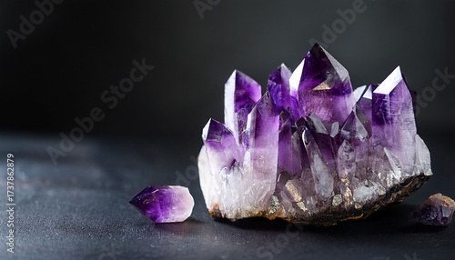 Amethyst Crystals On Dark Background With Copy Space