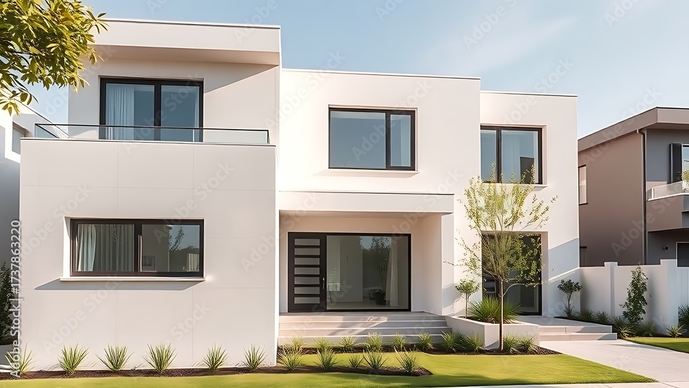 Fototapeta premium Modern residential architecture with clean lines, bathed in neutral tones under daylight.