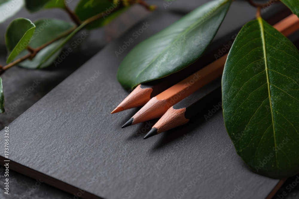 Obraz premium Bright Coral Desk, Notebook, and Pencil