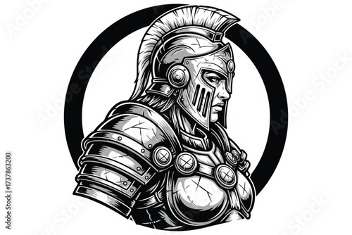 Illustration of a strong female warrior in detailed armor, the artwork showcases intricate line work and a powerful, determined expression