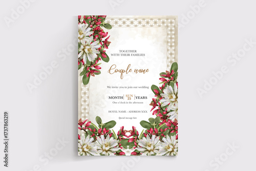 WEDDING INVITATION FRAME WITH FLOWER DECORATIONS AND FRESH LEAVES