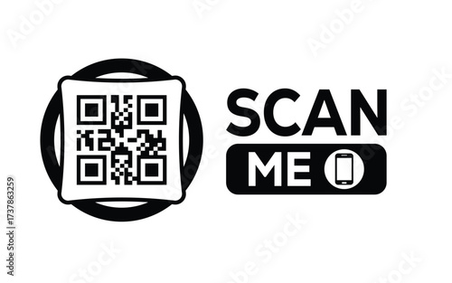 Minimalist black and white QR code icon with 'Scan Me' text on a clean background. Modern design for digital marketing, mobile app, and contactless interaction promotions.