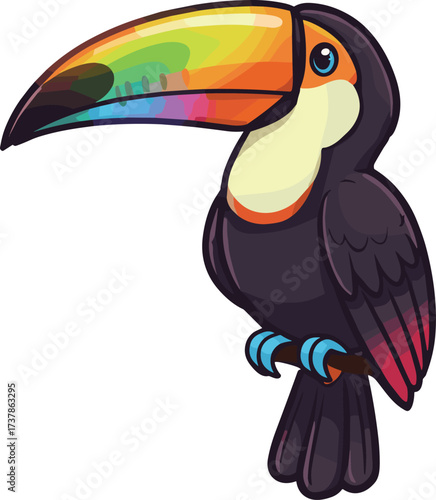 Colorful toucan cartoon, tropical bird illustration, vibrant beak artwork, exotic jungle animal, kids wall art, playful wildlife design