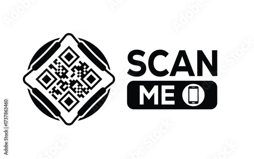 Minimalist black and white QR code icon with 'Scan Me' text on a clean background. Modern design for digital marketing, mobile app, and contactless interaction promotions.