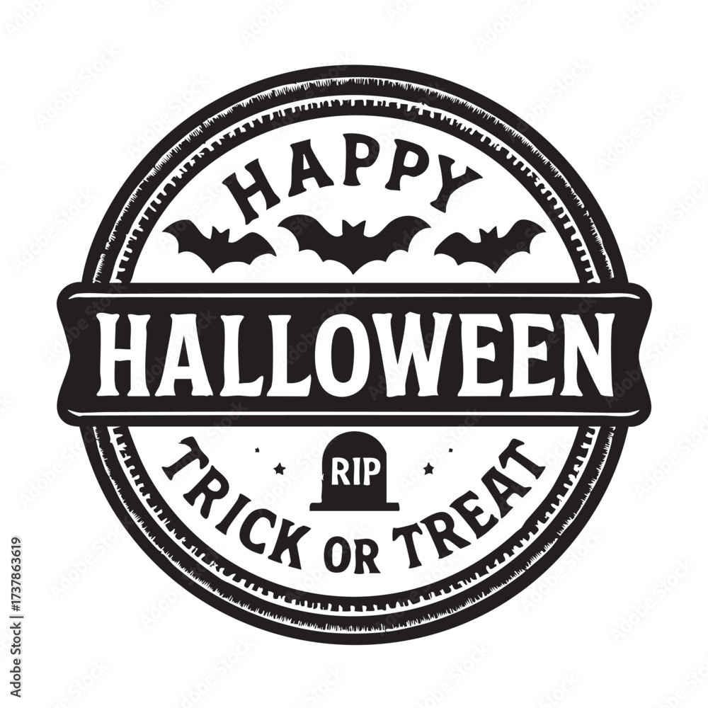 Obraz premium A circular halloween emblem with bats a tombstone and festive text