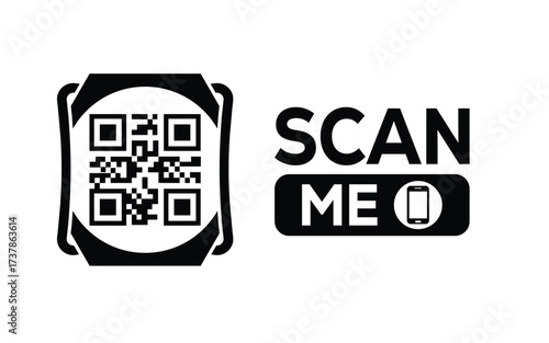 Minimalist black and white QR code icon with 'Scan Me' text on a clean background. Modern design for digital marketing, mobile app, and contactless interaction promotions.