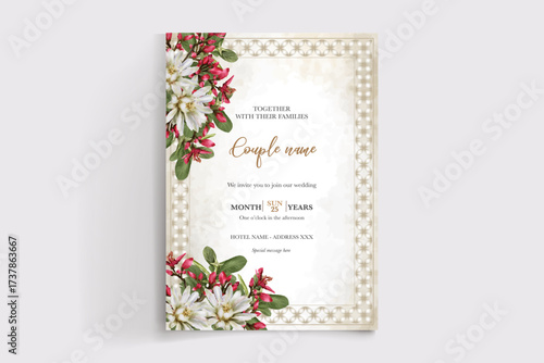 WEDDING INVITATION FRAME WITH FLOWER DECORATIONS AND FRESH LEAVES