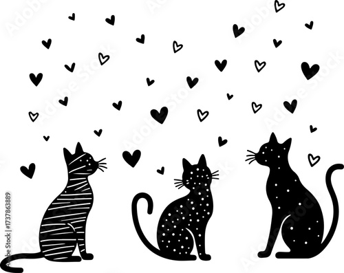 Cute Black Cat and Heart Decorative Silhouettes