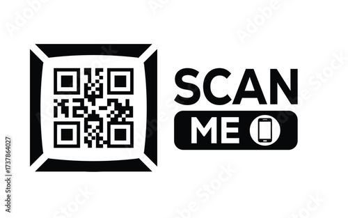 Minimalist black and white QR code icon with 'Scan Me' text on a clean background. Modern design for digital marketing, mobile app, and contactless interaction promotions.