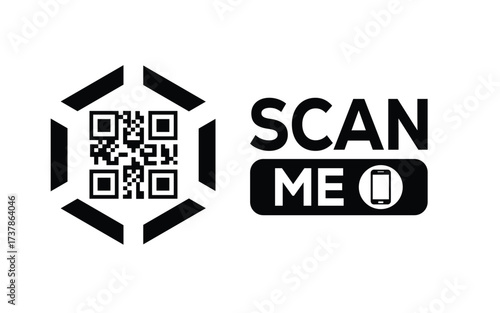 Minimalist black and white QR code icon with 'Scan Me' text on a clean background. Modern design for digital marketing, mobile app, and contactless interaction promotions.